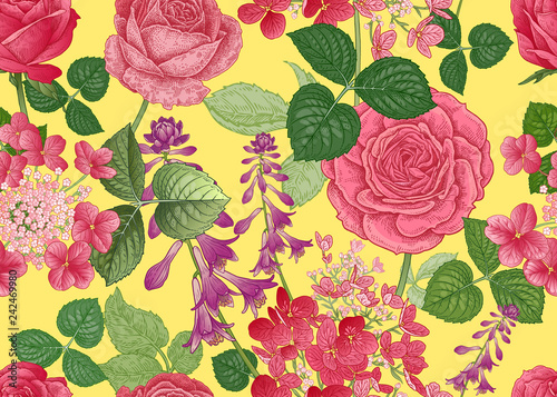 Floral seamless pattern. Roses and hydrangeas.