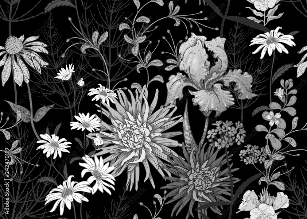 Fototapeta Seamless background with wild flowers. Black and white pattern.