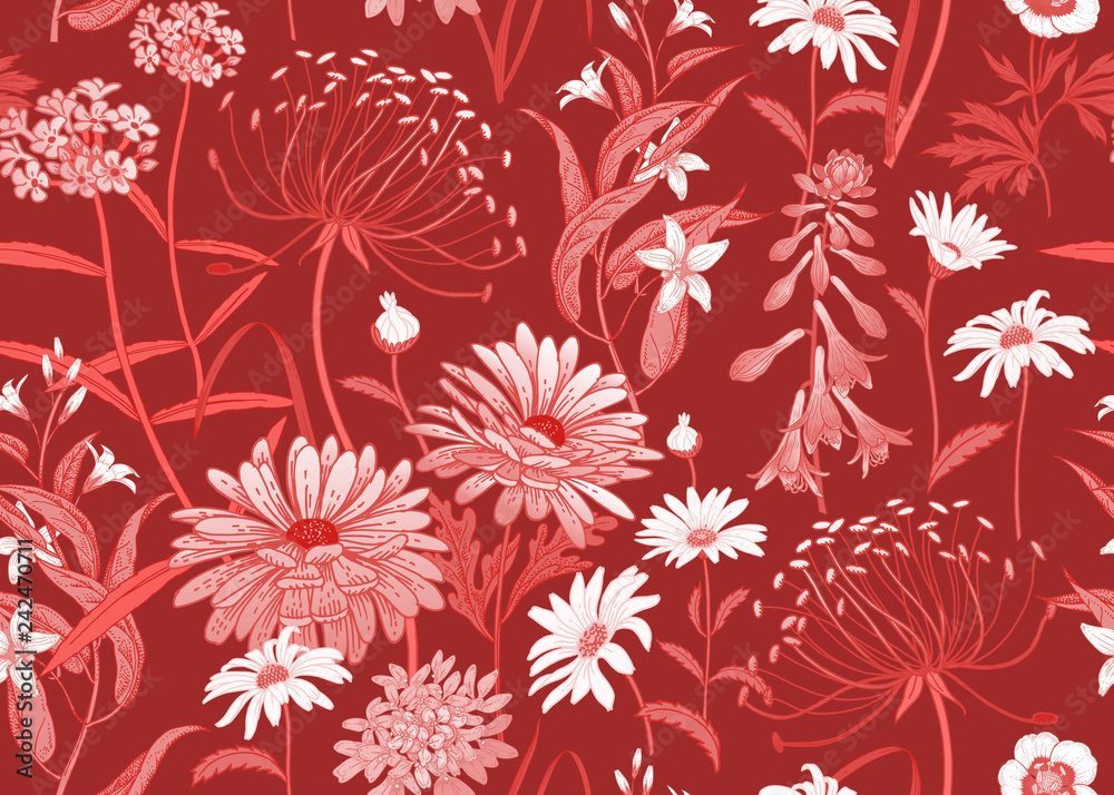 Seamless pattern with wild flowers. Red and white pattern.