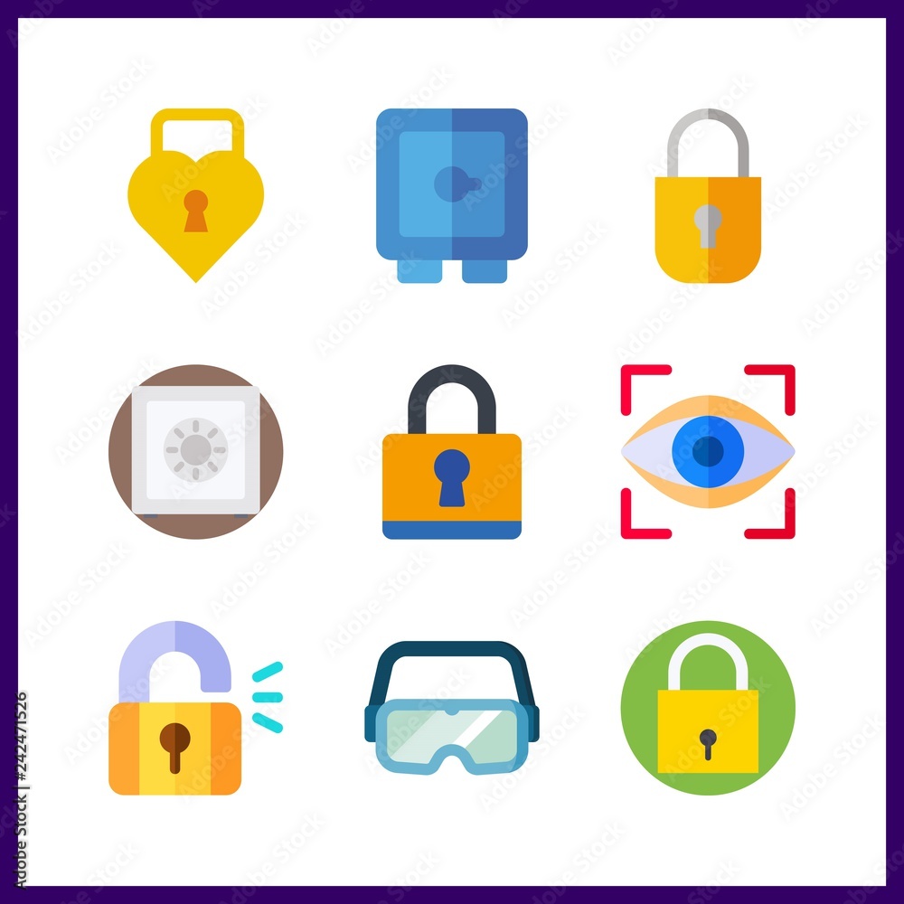 9 password icon. Vector illustration password set. eye scan and padlock icons for password works 9 password icon. Vector illustration password set. eye scan and padlock icons for password works