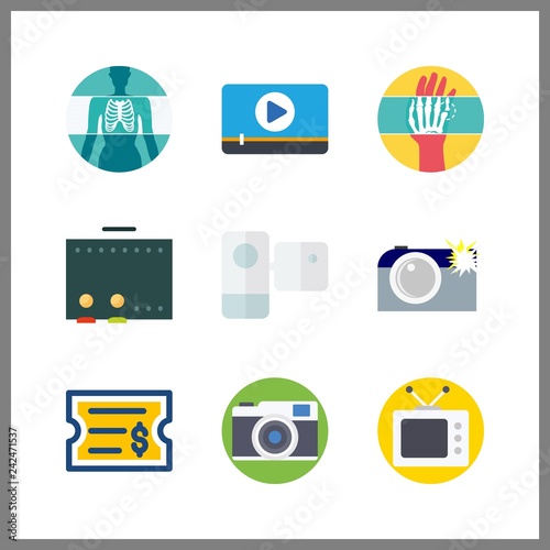 9 film icon. Vector illustration film set. ticket and camera icons for film works