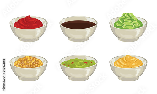 Set of different sauces. Ketchup, soy, wasabi, whole Grain Mustard, guacamole, sweet and spicy mustard dipping sauce. Vector illustration of ceramic dip bowl isolated on white. Cartoon flat style.