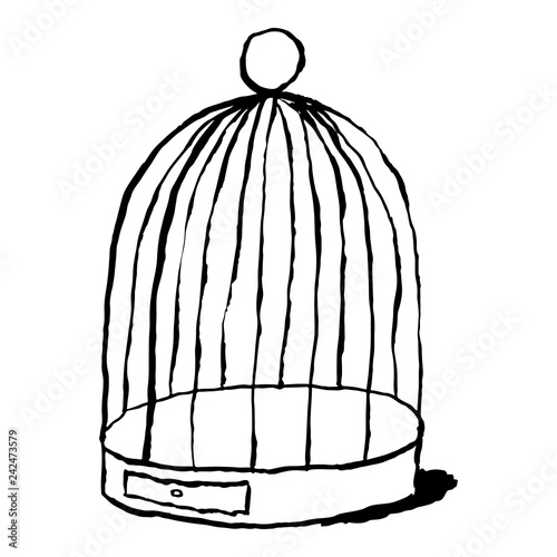 Black birds cage isolated on white background. Sketch drawing was drawn with the brush and ink. The design graphic element is saved as a vector illustration in the EPS file format.