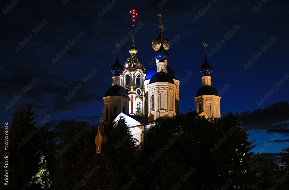 Night Orthodox Church illuminated by lanterns