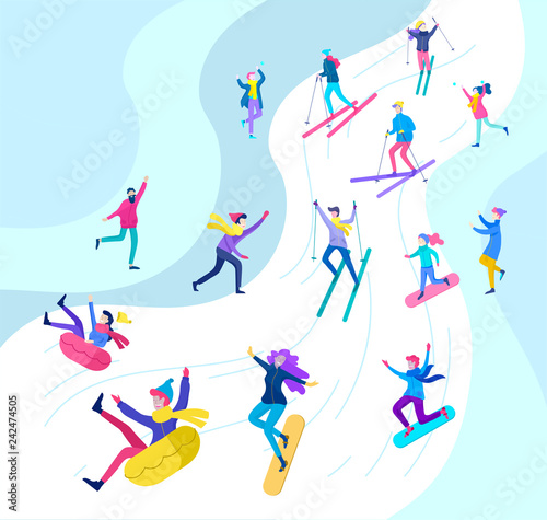 People dressed in winter clothes or outerwear performing outdoor activities fun. Snow festival, sledding and snowboard. Christmas family ski skating, making snowman, skiing wintertime extreme sport