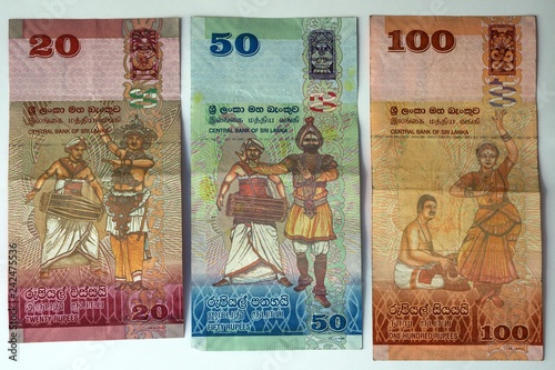 Bank notes, various banknotes, 20,50,100 Sri Lanka rupees, Sri Lanka, Asia
