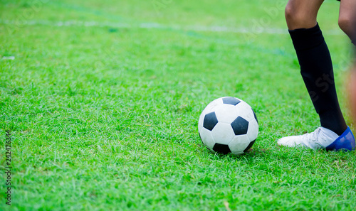 Boy soccer player speed run to shoot ball to goal on green grass