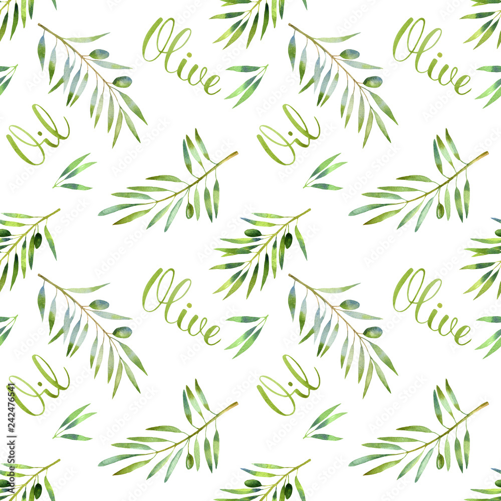 Naklejka premium Food green seamless pattern with olive branch and olive oil lettering in hand drawn watercolor style on white background. Vegetarian cuisine illustration.