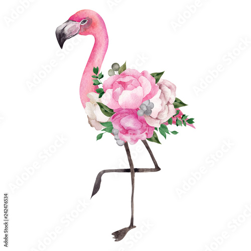 Watercolor illustration with pink flamingo and flowers © марина васильева