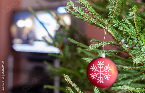 glass ball on twigs of Christmas Tree and TV set photo