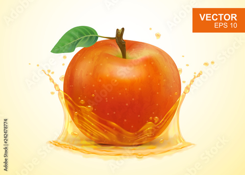 Realistic red apple and splash of apple juice vector illustration.