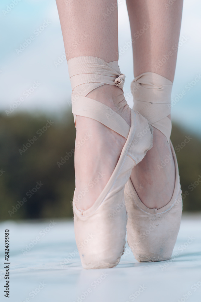 Zdjęcie Stock On the tips of the toes. Female feet in pointe shoes