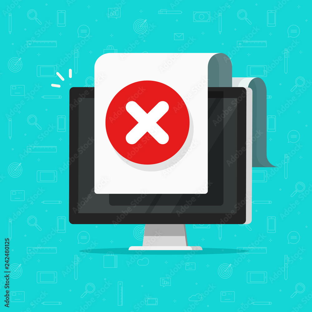 Obraz premium Computer with error document sign vector icon, flat cartoon desktop pc with warning or failure symbol, not found data or fail alert message isolated