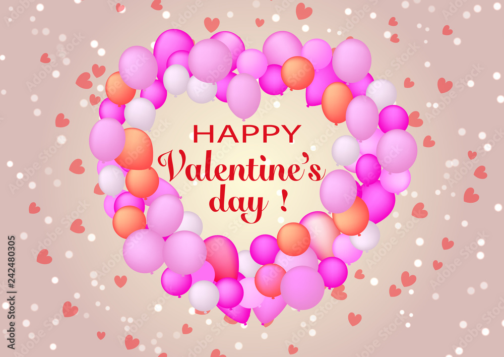 Happy Valentine's Day illustration. Banner with lettering. Conceptual image a lot balloons of heart shaped a hearts background design holiday