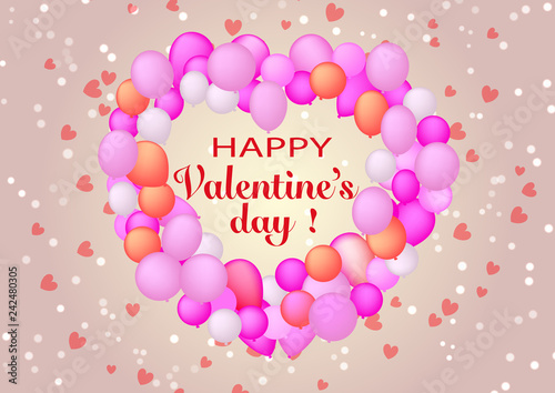 Happy Valentine's Day illustration. Banner with lettering. Conceptual image a lot balloons of heart shaped a hearts background design holiday