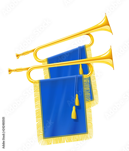 Golden royal horn trumpet with blue banner. Musical instrument