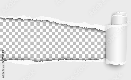 Vector oblong torn hole from left to right in white sheet of paper with shadow and paper curl. Transparent resulting background. Template paper design.