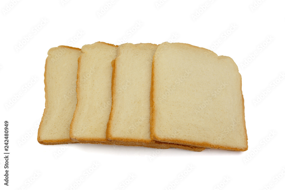 Vier Scheiben Toast freigestellt auf weißem Hintergrund. Toast Brotscheiben. Vier Scheiben Toast freigestellt auf weißem Hintergrund. Toast Brotscheiben.