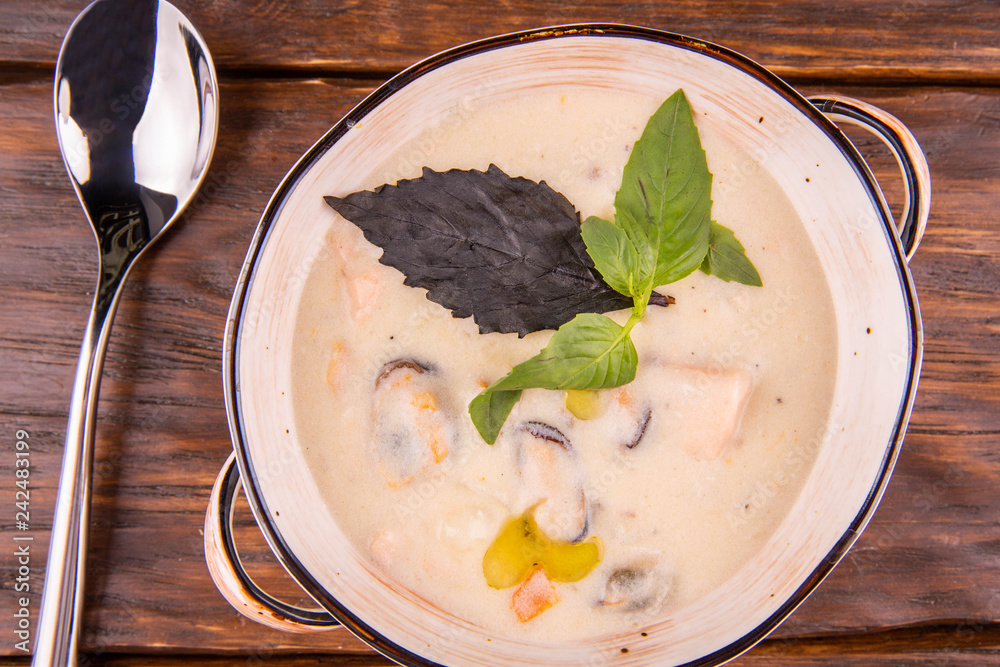 Seafood in seasonings and greens soup cream Seafood in seasonings and greens soup cream