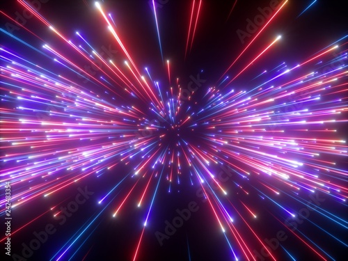 3d render, violet red fireworks, abstract cosmic background, big bang, galaxy, falling stars, celestial, beauty of universe, speed of light, neon glow, cosmos, ultraviolet infrared light, outer space