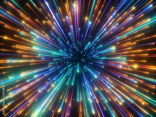 3d render, blue gold fireworks, abstract cosmic background, big bang, galaxy, falling stars, celestial, beauty of universe, speed of light, neon glow, cosmos, ultraviolet infrared light, outer space