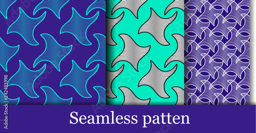 collection of samples of seamless models in blue tones. set of black and white shapes and lines in vector graphics