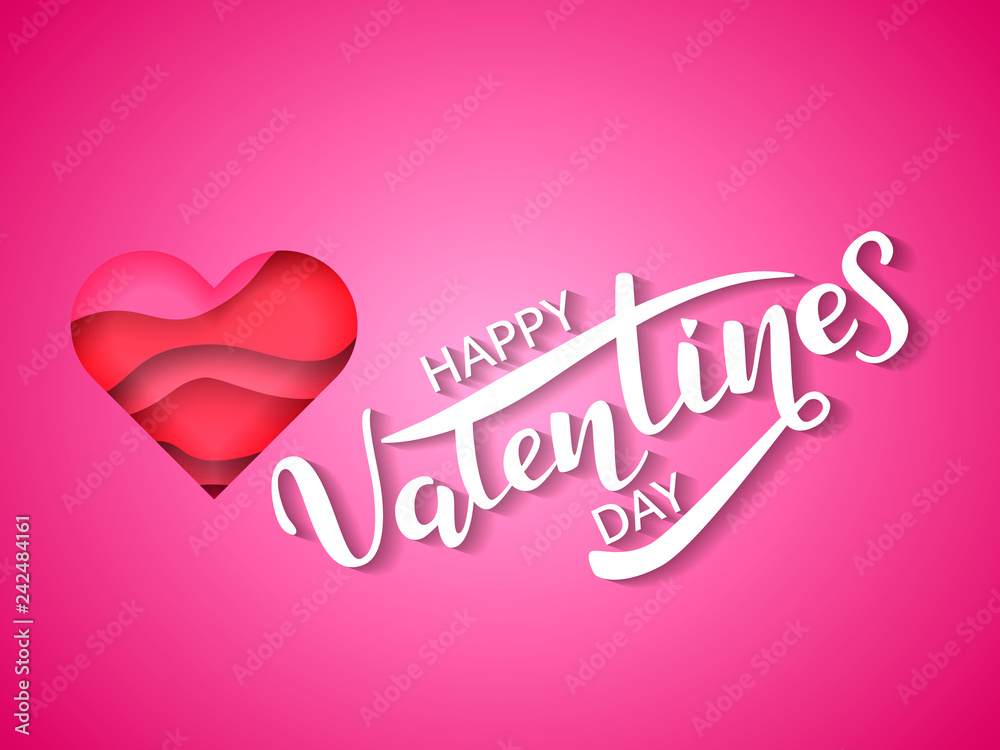 Heart with 3d paper cut effect. Happy Valentine's Day lettering. Vector illustration