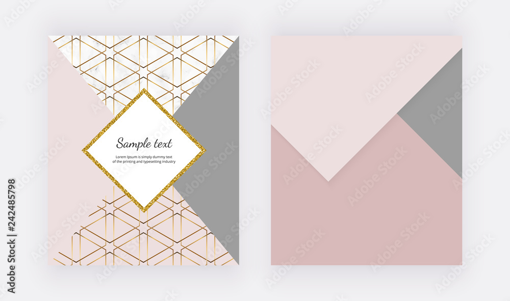 Fototapeta Fashion geometric backgrounds with pink and gray triangulars, golden line and marble texture. Modern design for celebration, flyer, social media, banner, poster, invitation, birthday, wedding.