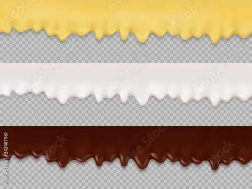 Realistic vector set of seamless realistic drips of cream, glaze and melted chocolate.