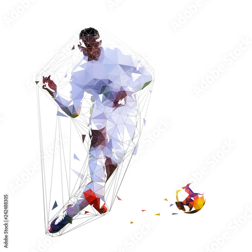 Soccer player kicking ball, low polygonal vector illustration. Football player photo