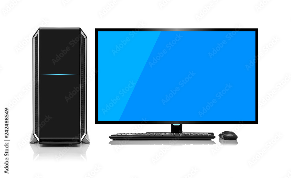 Modern desktop computer with wireless keyboard and mouse is0lated on white. Modern desktop computer with wireless keyboard and mouse is0lated on white.