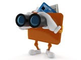 Wallet character looking through binoculars