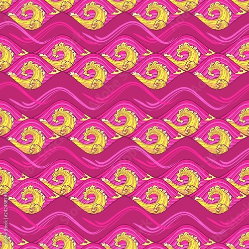 river sea ocean Chinese Oriental seamless pattern vector background  with pink and yellow color tone