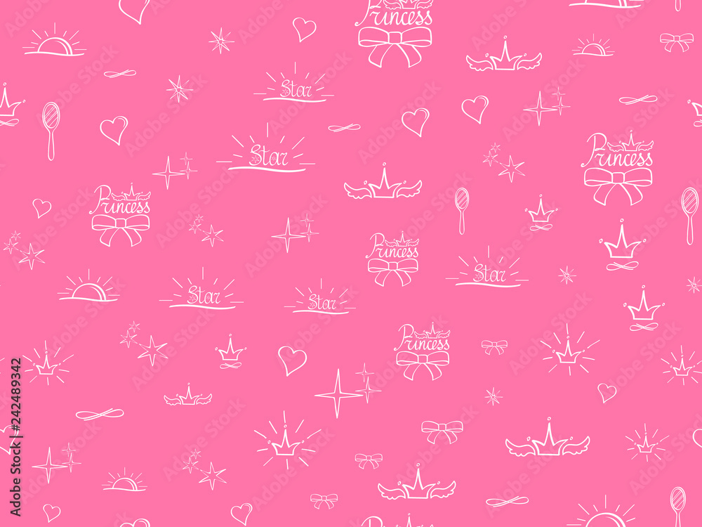 Seamless pattern Little Princess. Pink sketch, cute doodle baby elements. Princess concept. Childish background. Hand drown design for girl. Crown heart mirror sun stars princess. Vector illustration Seamless pattern Little Princess. Pink sketch, cute doodle baby elements. Princess concept. Childish background. Hand drown design for girl. Crown heart mirror sun stars princess. Vector illustration