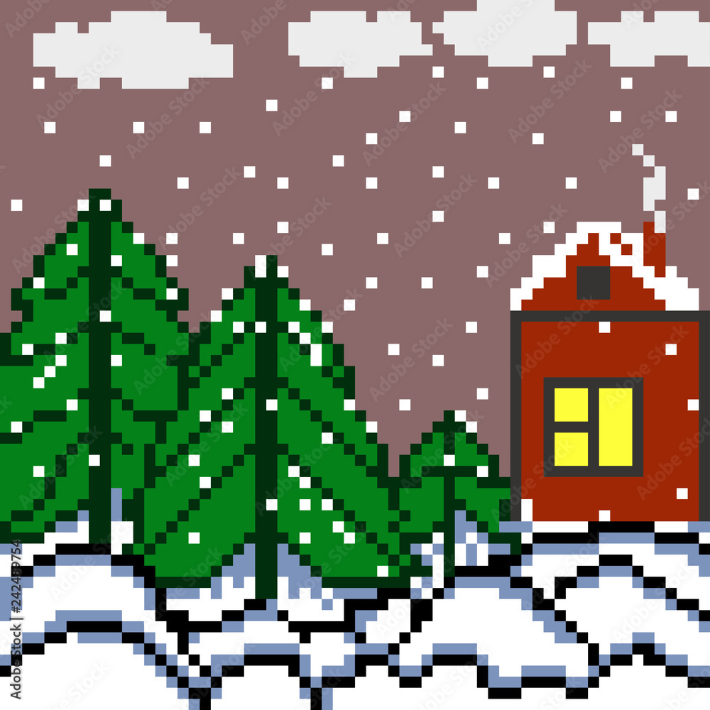 Fototapeta premium pixels house and the forest winter landscape illustration