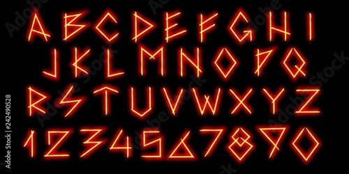 Magical neon red alphabet. The alphabet is stylized under the ancient runes. Vector illustration.