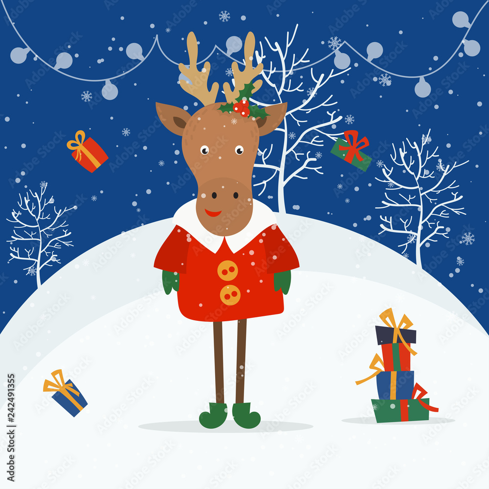 Merry Christmas and Happy New Year winter holidays greeting card with cartoon elements. Vector illustration Merry Christmas and Happy New Year winter holidays greeting card with cartoon elements. Vector illustration