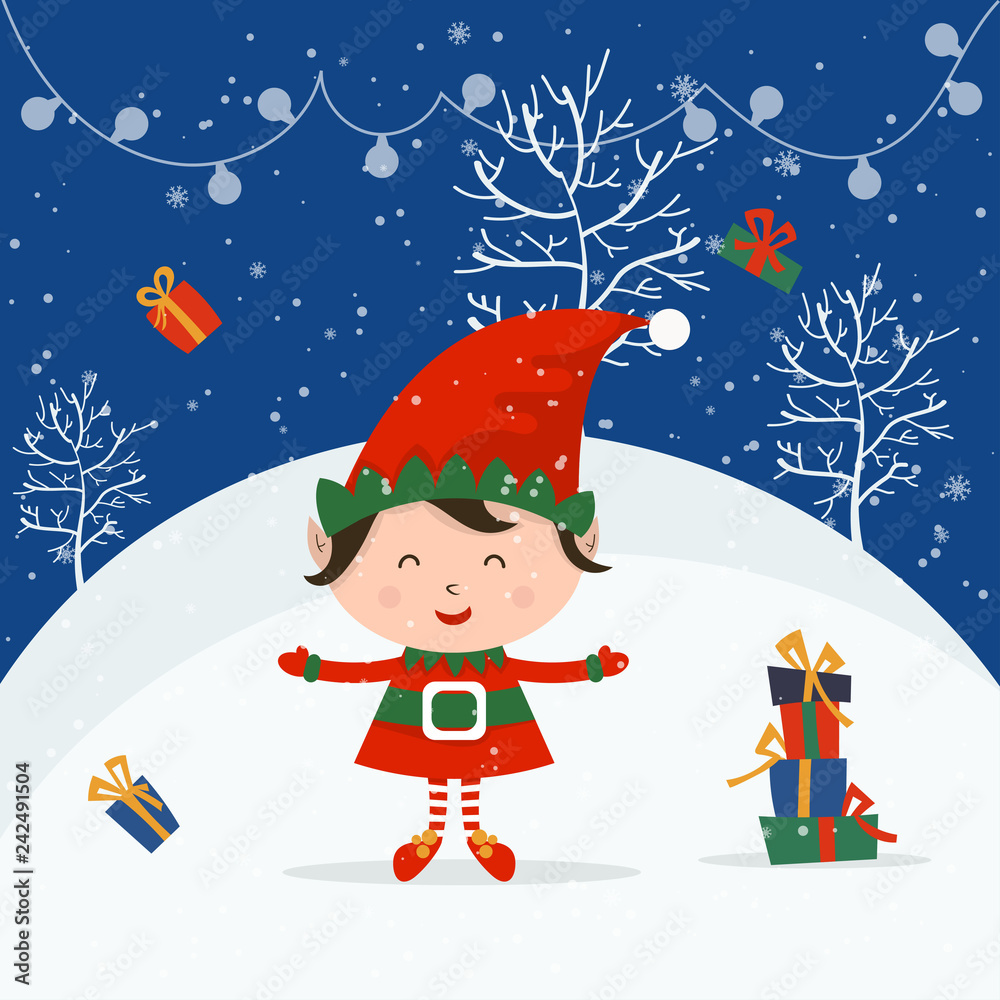 Merry Christmas and Happy New Year winter holidays greeting card with cartoon elements. Vector illustration Merry Christmas and Happy New Year winter holidays greeting card with cartoon elements. Vector illustration