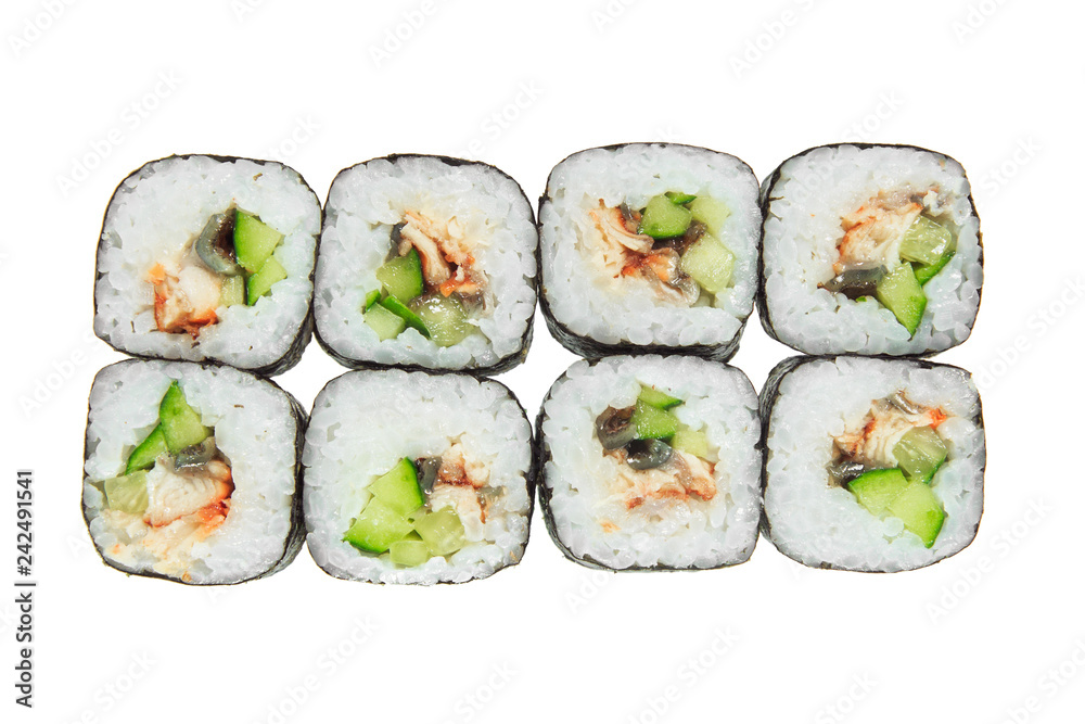 Sushi rolls with eel and cucumber. Isolated on white background.