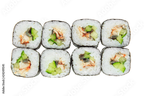 Sushi rolls with eel and cucumber. Isolated on white background.