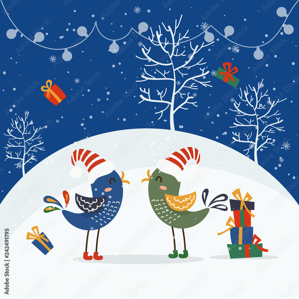 Merry Christmas and Happy New Year winter holidays greeting card with cartoon elements. Vector illustration