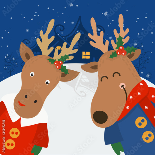 Fototapeta Naklejka Na Ścianę i Meble -  Merry Christmas and Happy New Year winter holidays greeting card with cartoon elements. Vector illustration