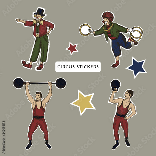 Vector objects. Strongmen with mustache and clowns . Retro circus performance. Color pen style drawing. Stickers set.
