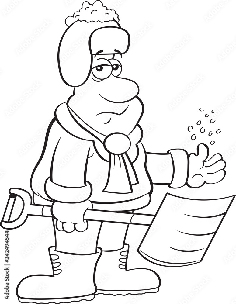 Black and white illustration of a depressed man holding a snow shovel.