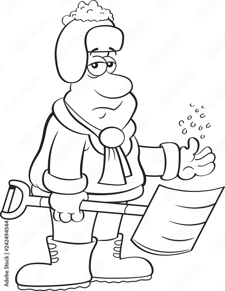 Black and white illustration of a depressed man holding a snow shovel. Black and white illustration of a depressed man holding a snow shovel.