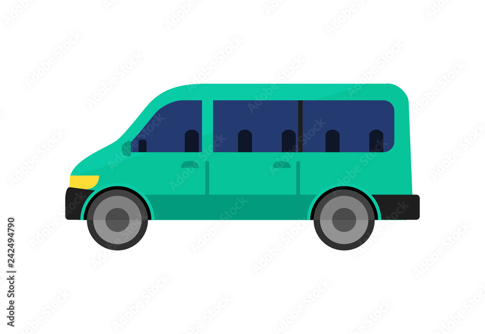 Green minivan illustration. Auto, lifestyle, travel. Transport concept. Vector illustration can be used for topics like road, travelling, city