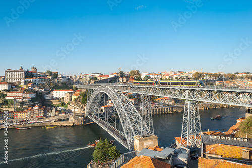 View to Porto with the famous Dom Luís I Bridge with the Tram on top of it