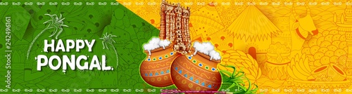 Happy Pongal Holiday Harvest Festival of Tamil Nadu South India greeting background