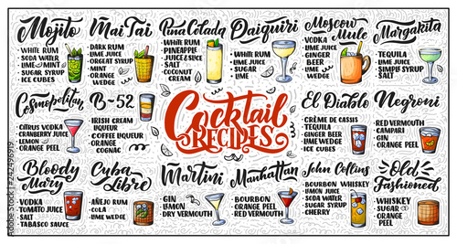Lettering set of cocktails recipes. Template for card banner and poster for bar menu and restaurant