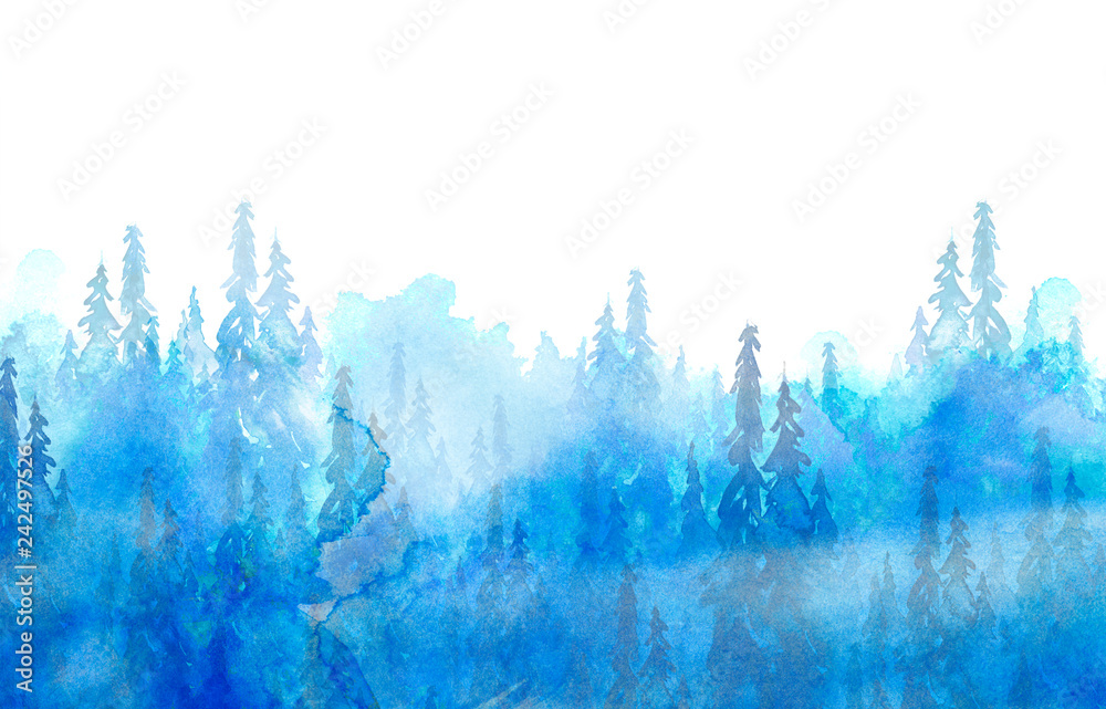 Fototapeta Watercolor art illustration. Drawing of the blue forest, pine tree, spruce, cedar. Dark, dense forest, suburban landscape. Postcard, logo, card. Misty forest, haze. Wild nature, frozen.